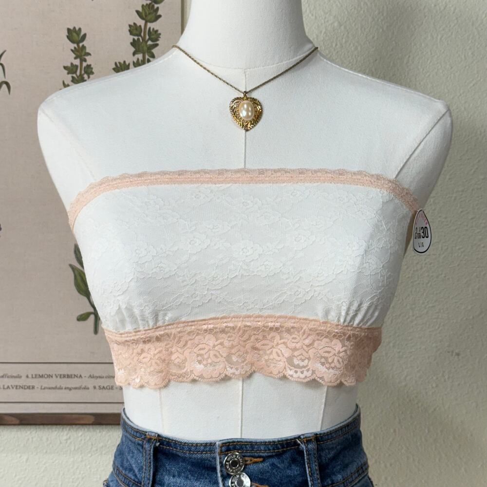 Pink Victorias Secret Lace Trim Bandeau Bra Coquette Romantic Dolly 2010 NWT M L